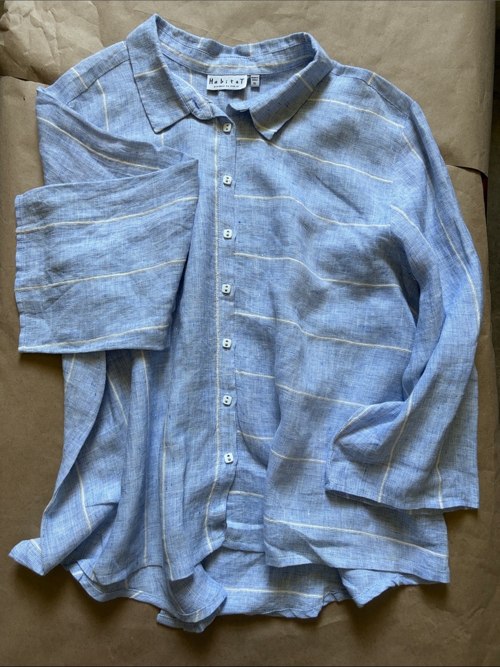 Linen Striped Button Down Shirt Womens XL 3/4 Sleeve Coastal Grandma Habitat